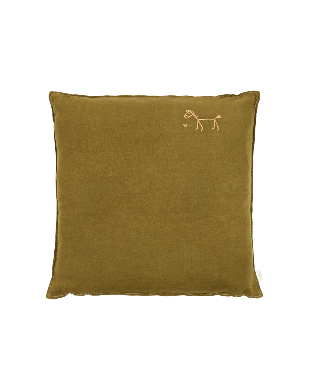 Embroidered square cushion in washed French linen L1N0