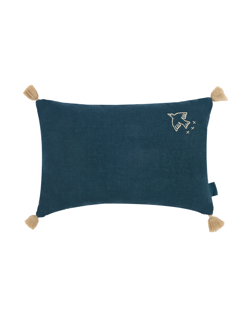 Embroidered rectangular cushion with tassels in washed French linen L1N0
