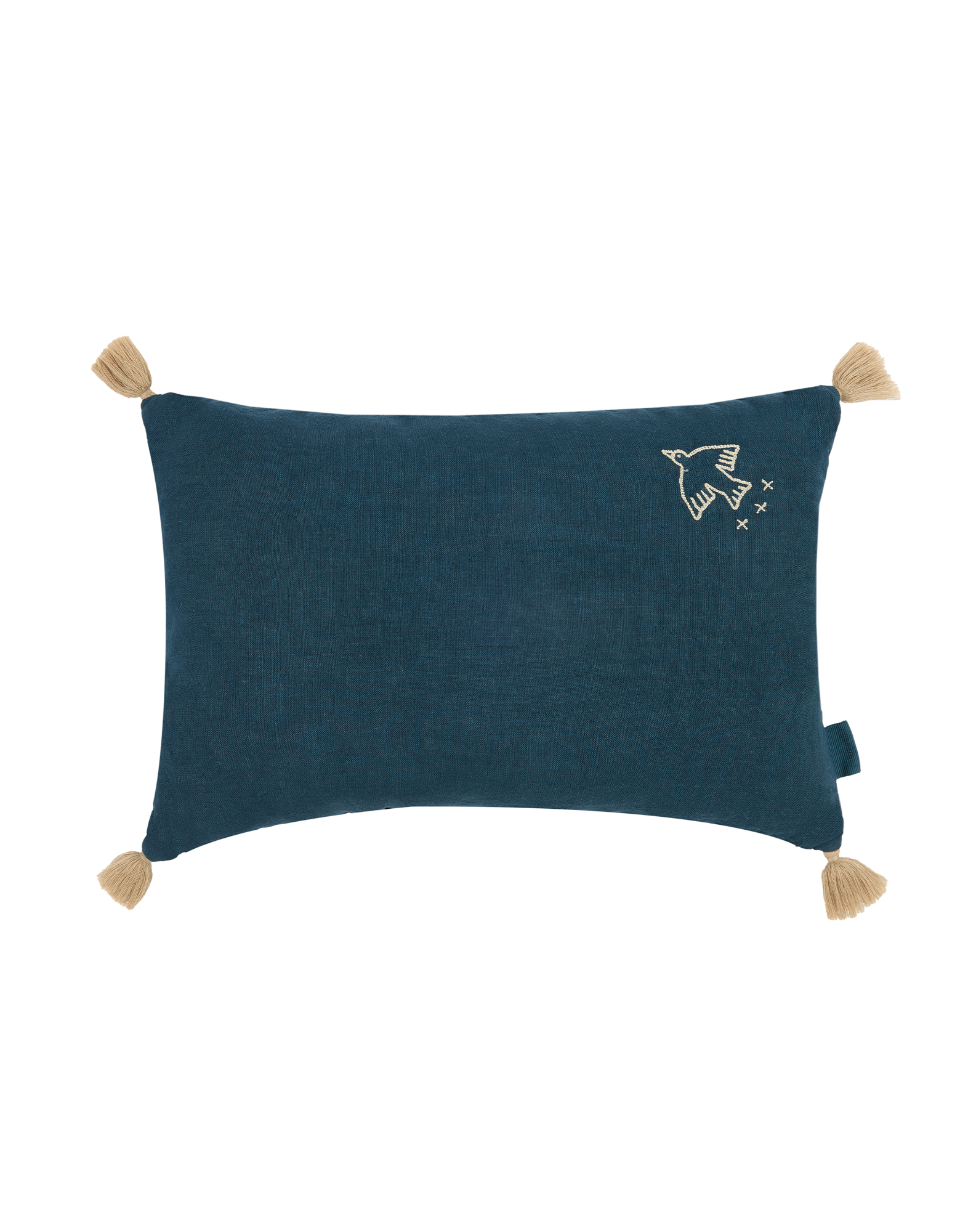 Embroidered rectangular cushion with tassels in washed French linen L1N0