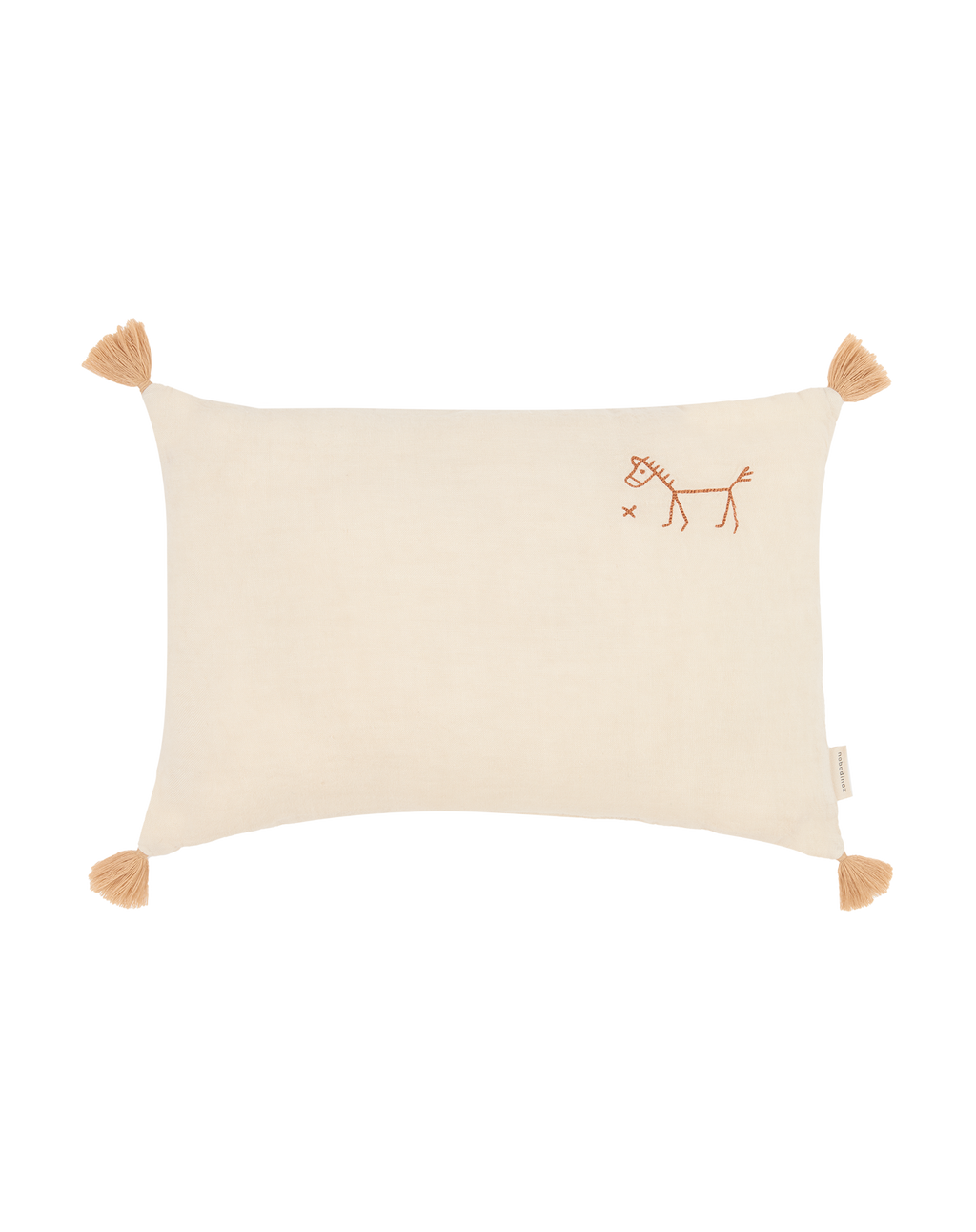 Cojín rectangular bordado de lino francés lavado con pompones L1N0