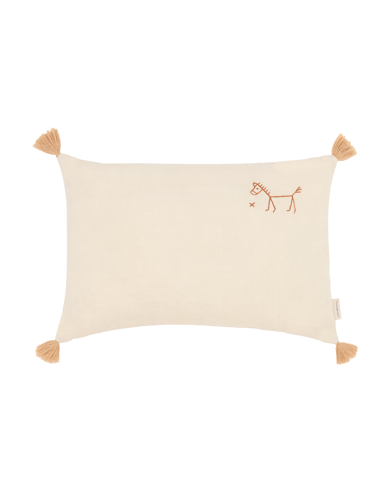 Cojín rectangular bordado de lino francés lavado con pompones L1N0