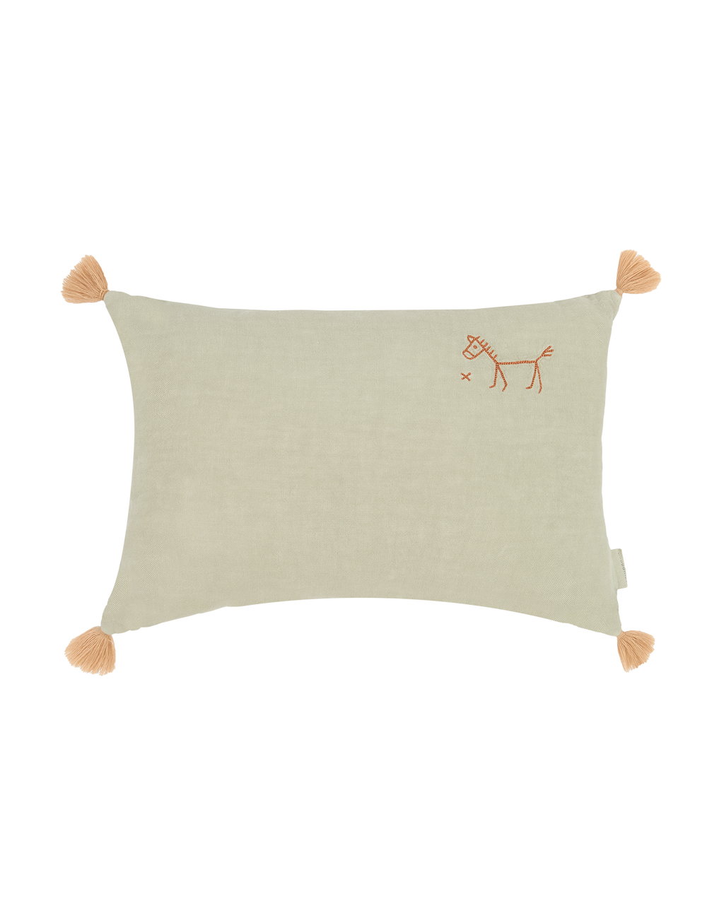 Coussin rectangulaire brodé en lin français lavé avec pompons  L1N0