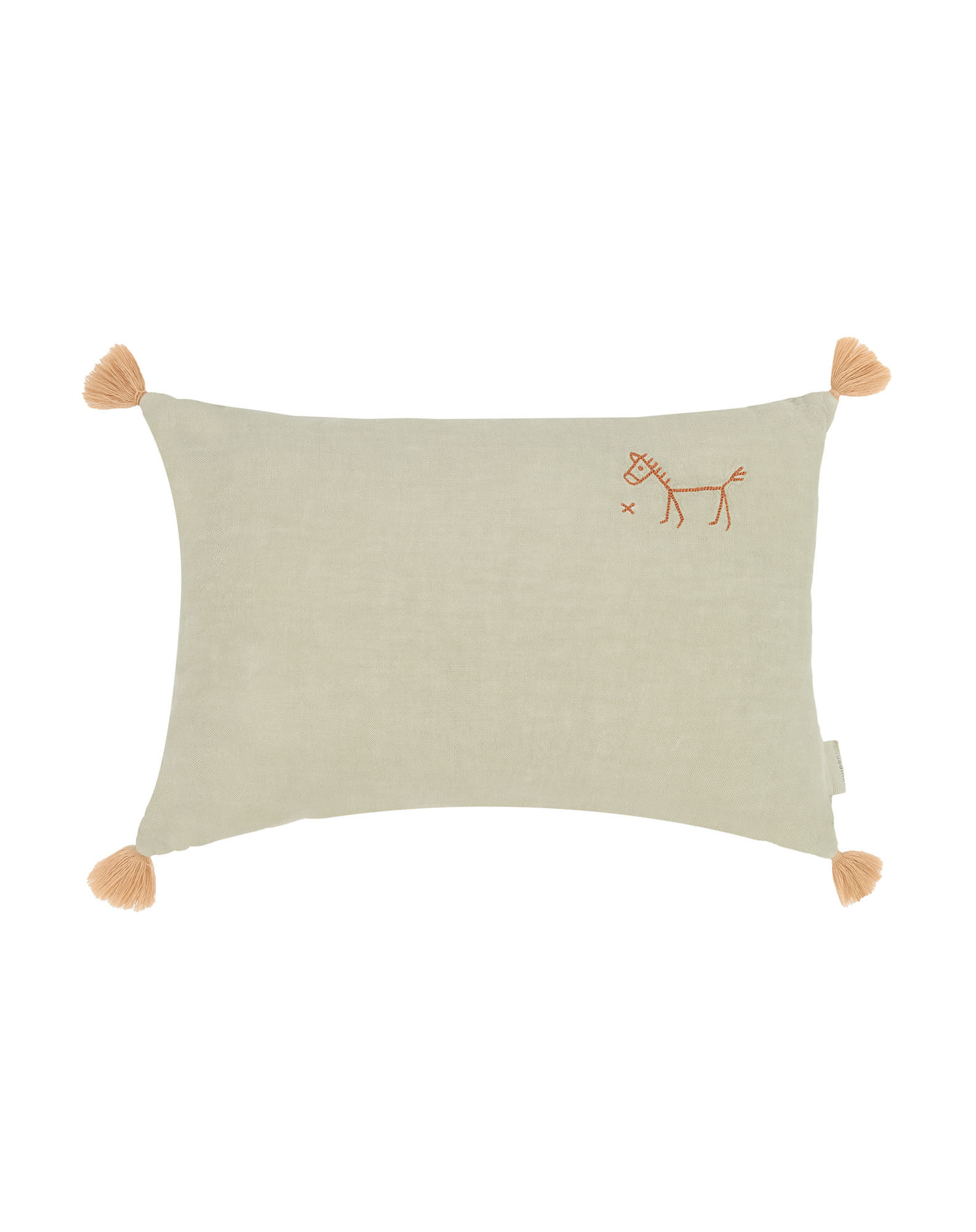 Coussin rectangulaire brodé en lin français lavé avec pompons  L1N0