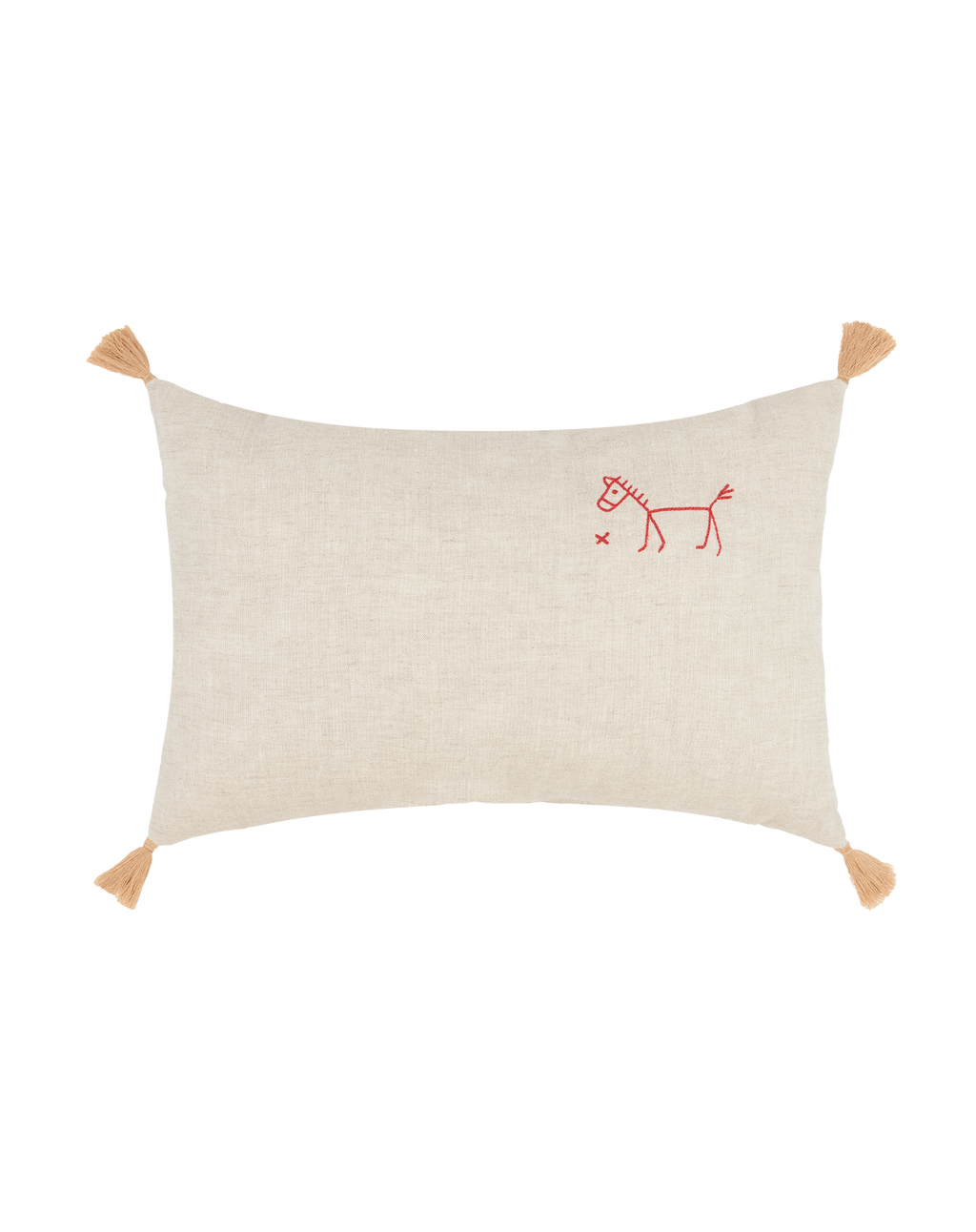 Coussin rectangulaire brodé en lin français lavé avec pompons  L1N0