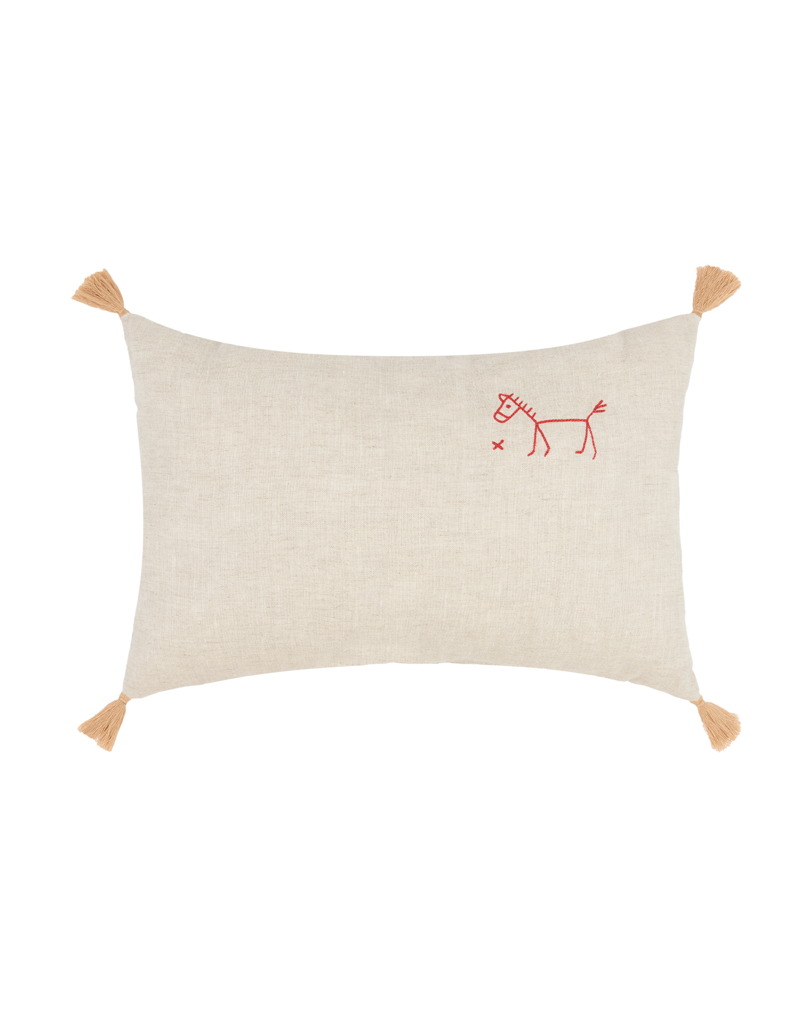 Coussin rectangulaire brodé en lin français lavé avec pompons  L1N0