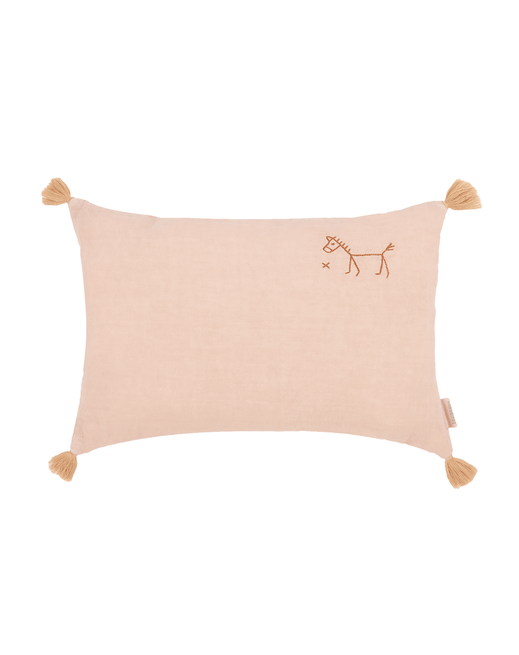 Cojín rectangular bordado de lino francés lavado con pompones L1N0