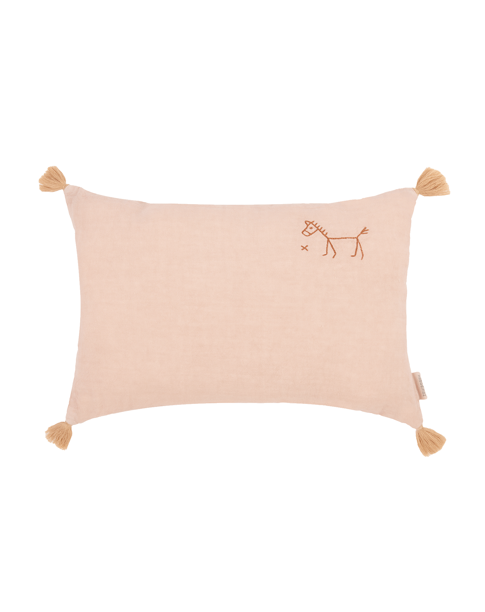 Cojín rectangular bordado de lino francés lavado con pompones L1N0