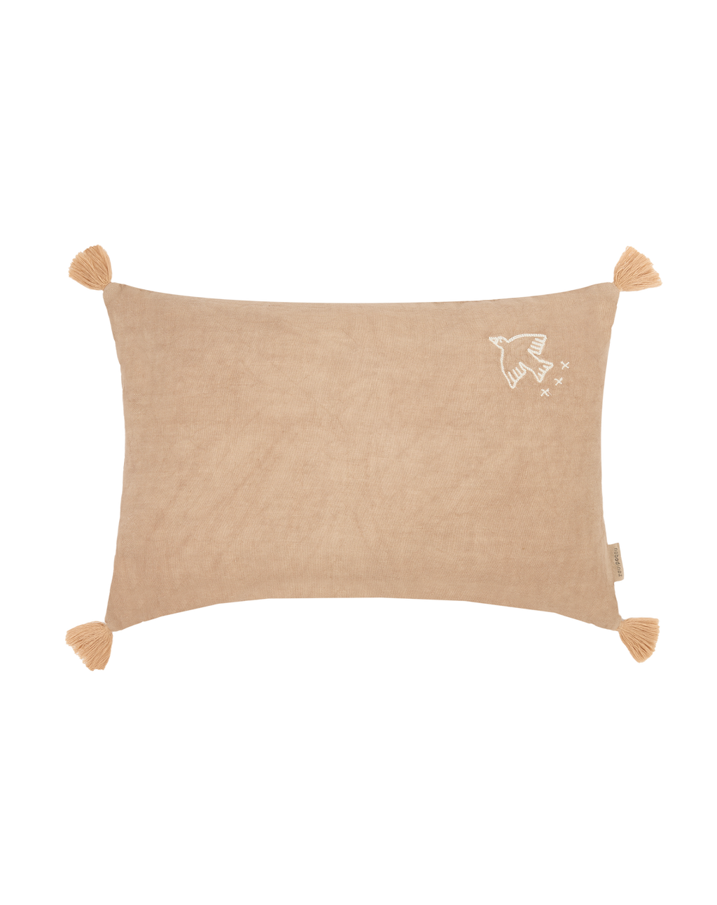 Embroidered rectangular cushion with tassels in washed French linen L1N0