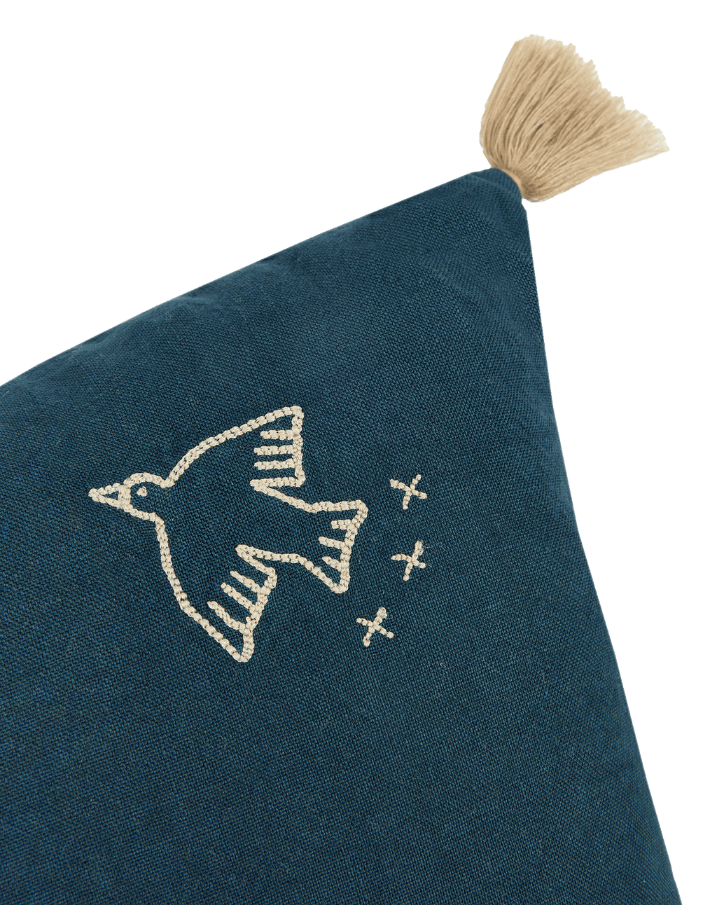 Embroidered rectangular cushion with tassels in washed French linen L1N0