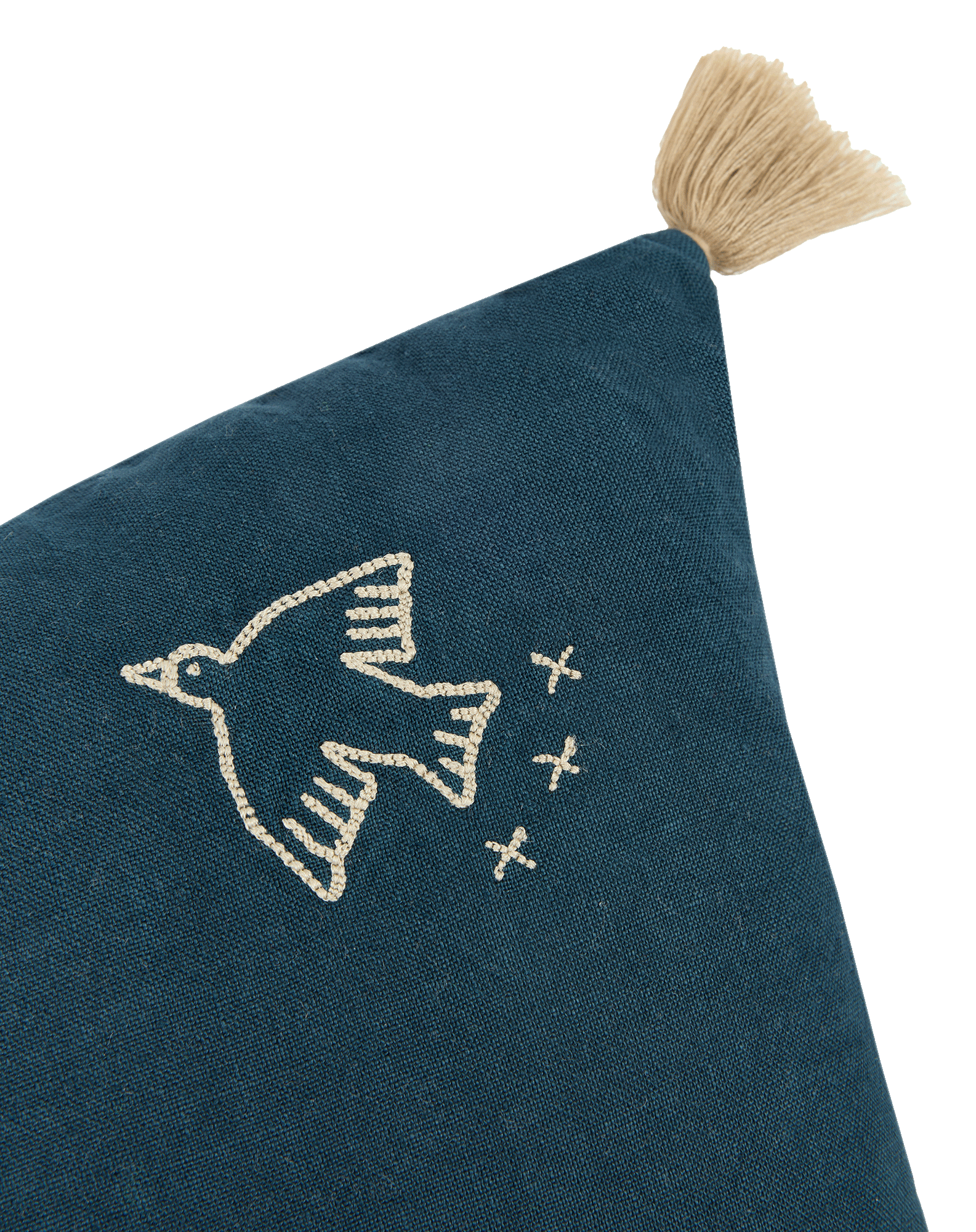 Embroidered rectangular cushion with tassels in washed French linen L1N0