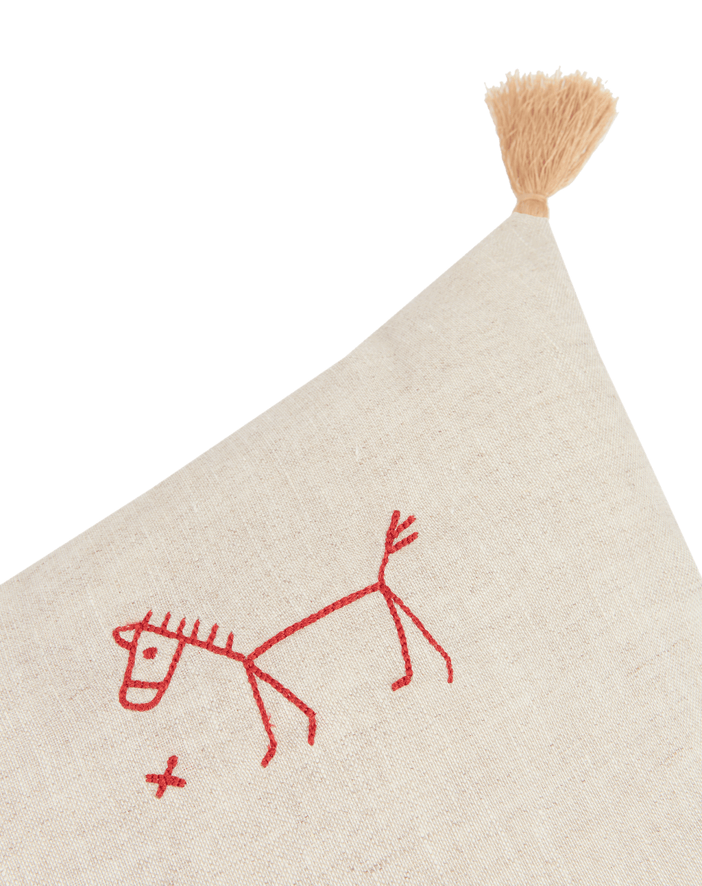 Coussin rectangulaire brodé en lin français lavé avec pompons  L1N0