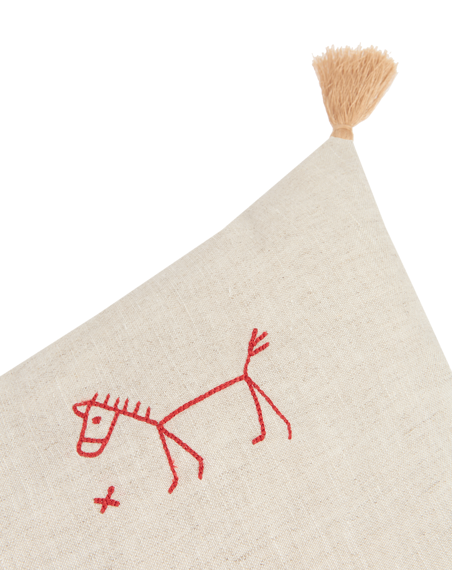 Coussin rectangulaire brodé en lin français lavé avec pompons  L1N0